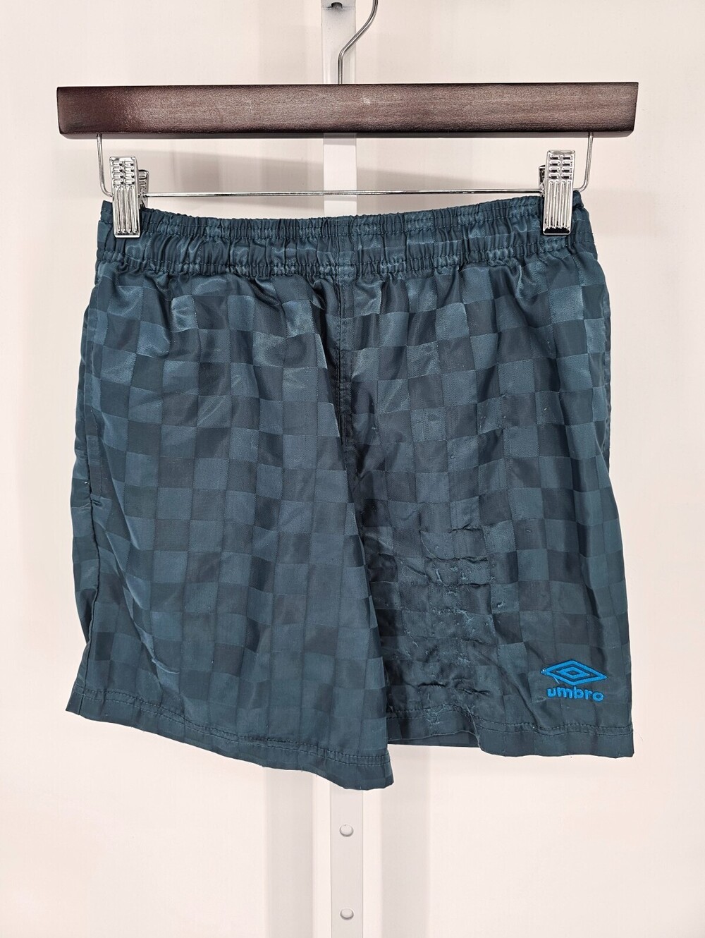 Vintage Umbro Kids Sz M Athletic Soccer Shorts Checkered Slate Blue